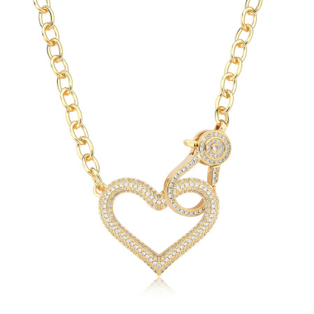 Colar Elos Ovais c/ Pingente Coração e Fecho Cravejado Zircônia Folheado a Ouro 18k