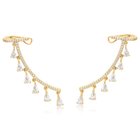 Brinco Ear Cuff Cravejado e Gotas de Zircônias Suspensas Folheado a Ouro 18k