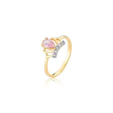  Anel Infantil Coroa Cravejada Zircônia Rosa Folheado a Ouro 18k