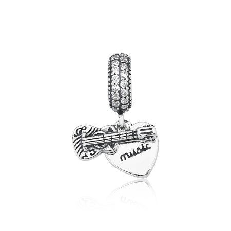 Berloque Prata c/ Ródio You Argola Cravejada Violão e Coração Music Envelhecido 