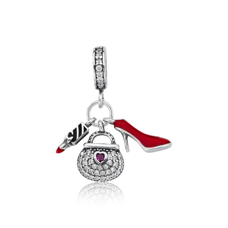 Berloque Prata c/ Ródio You Argola Cravejada Bolsa / Batom e Sapato Resina Vermelha   