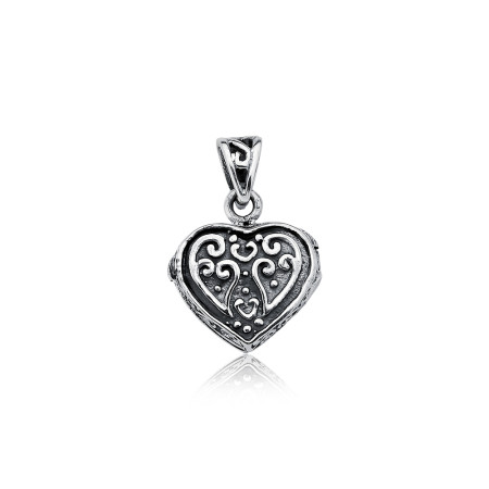 Pingente Prata Relicário Coração Tralhado Envelhecido