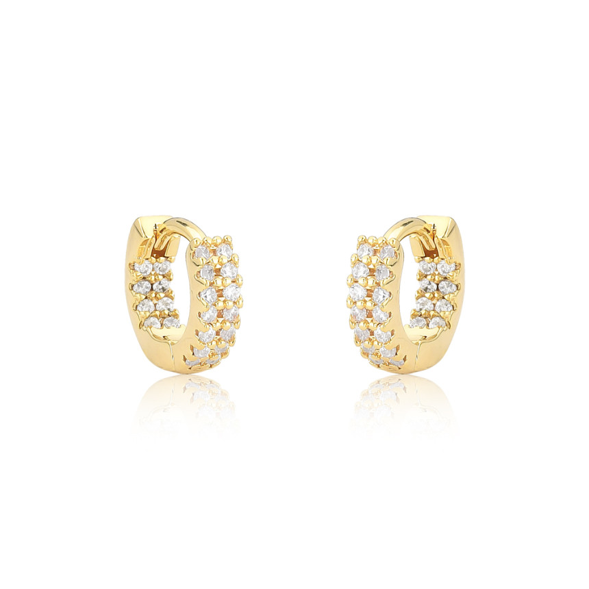 Argola Click 2 Fileiras Cravejadas c/ Cravação Interna (2x7) 10mm Folheada a Ouro 18k