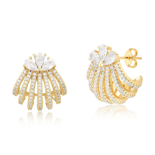Brinco Ganchos Cravejados e Base Zircônias Gotas Folheado a Ouro 18k