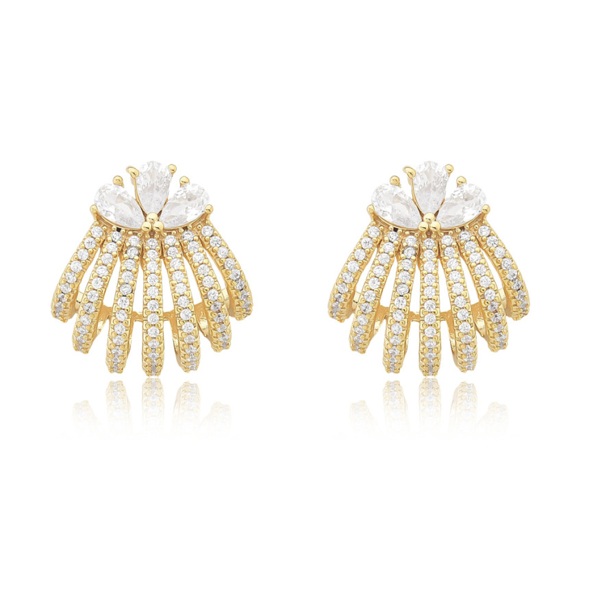 Brinco Ganchos Cravejados e Base Zircônias Gotas Folheado a Ouro 18k