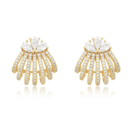Brinco Ganchos Cravejados e Base Zircônias Gotas Folheado a Ouro 18k
