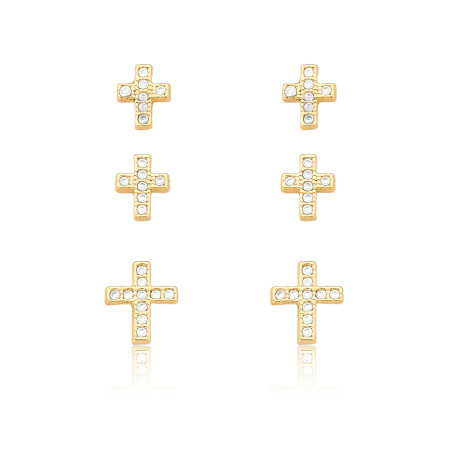 Kit Brincos Fixos Cruz Cravejada P M G Zircônias Folheado a Ouro 18k