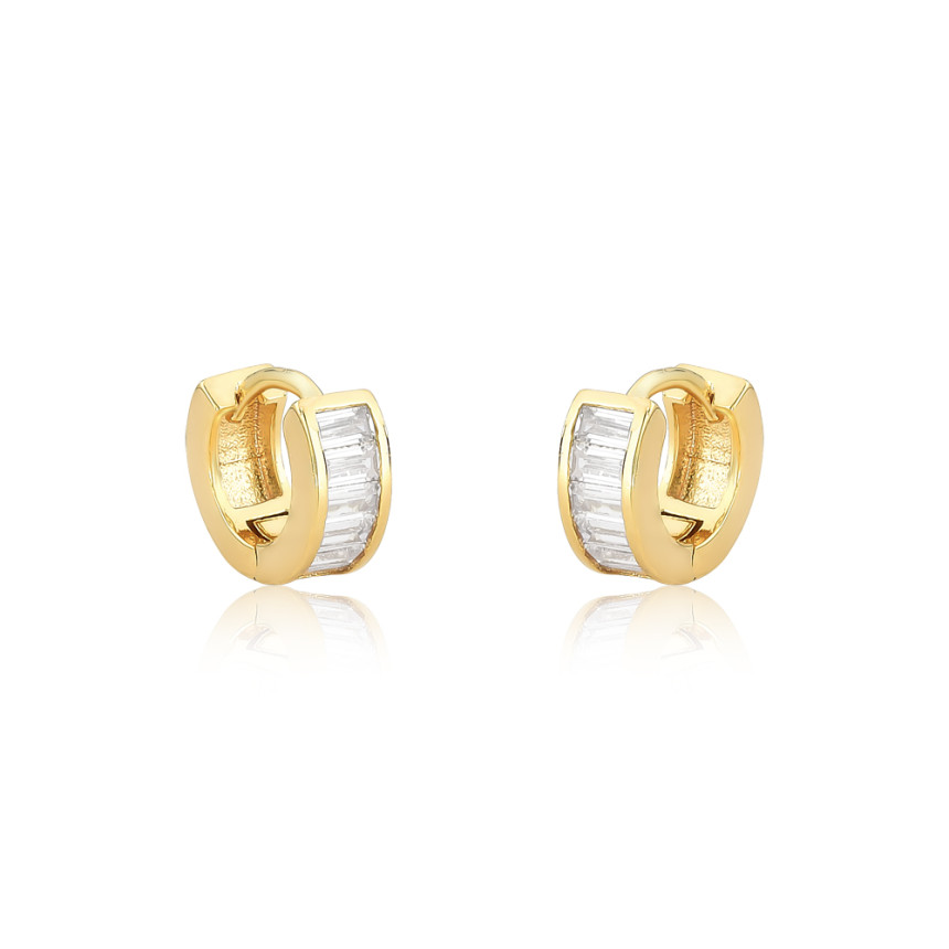 Argola Click Uma Fileira Cravejada Zircônia Baguete (1x6) 10mm Folheada a Ouro 18k 