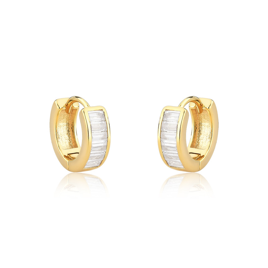 Argola Click Uma Fileira Cravejada Zircônia Baguete (1x6) 12mm Folheada a Ouro 18k 
