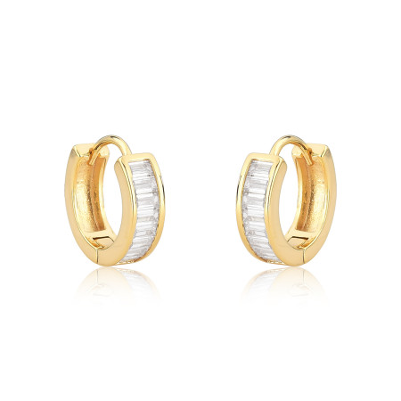 Argola Click Uma Fileira Cravejada Zircônia Baguete (1x8) 14mm Folheada a Ouro 18k 