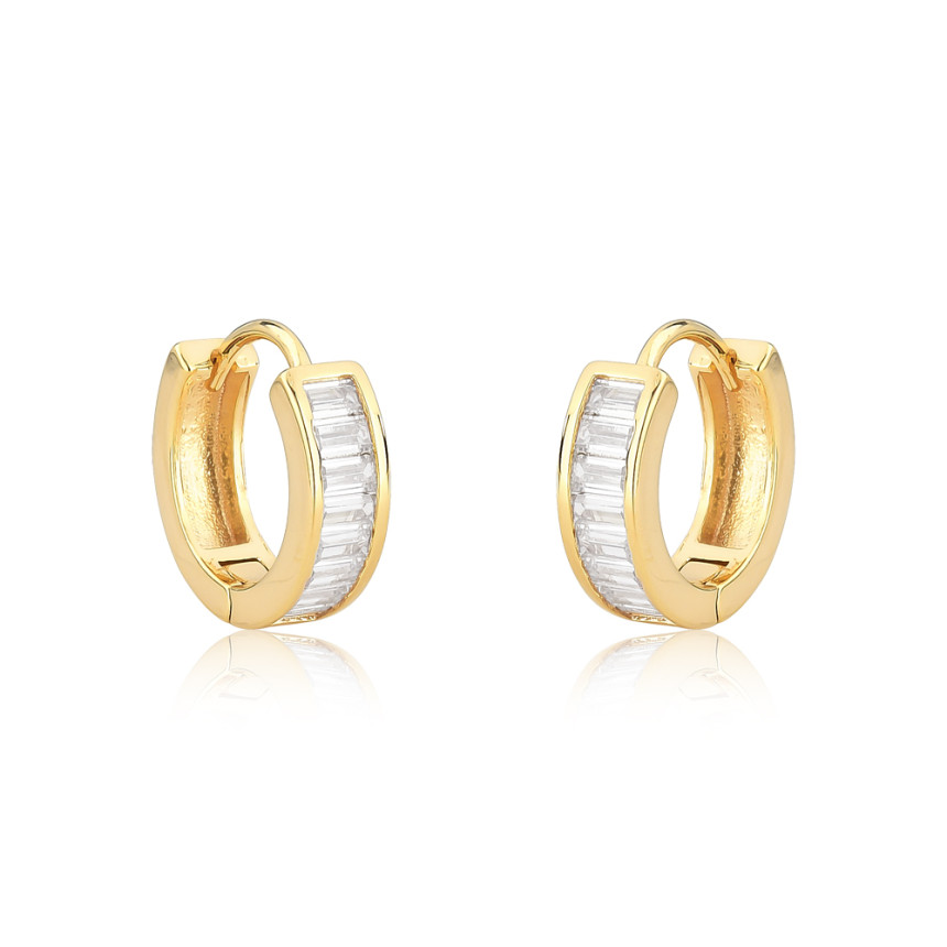 Argola Click Uma Fileira Cravejada Zircônia Baguete (1x8) 14mm Folheada a Ouro 18k 