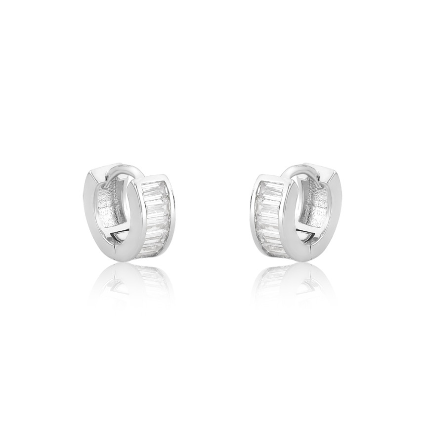 Argola Prata Leve Click Uma Fileira Cravejada Zircônia Baguete (1x6) 10mm