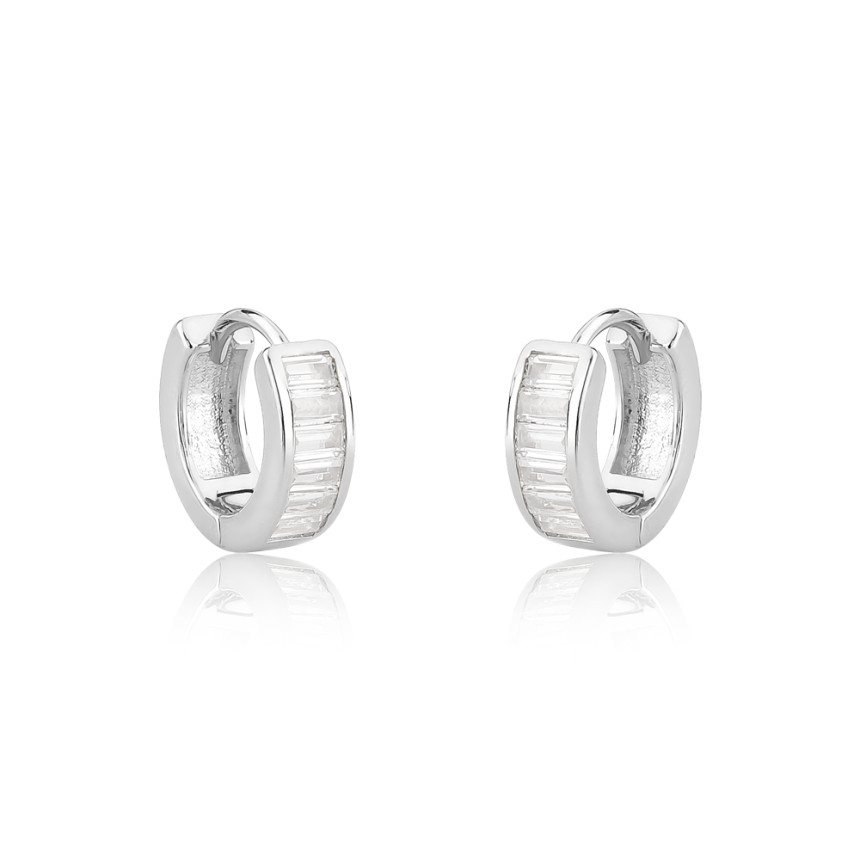 Argola Prata Leve Click Uma Fileira Cravejada Zircônia Baguete (1x6) 12mm