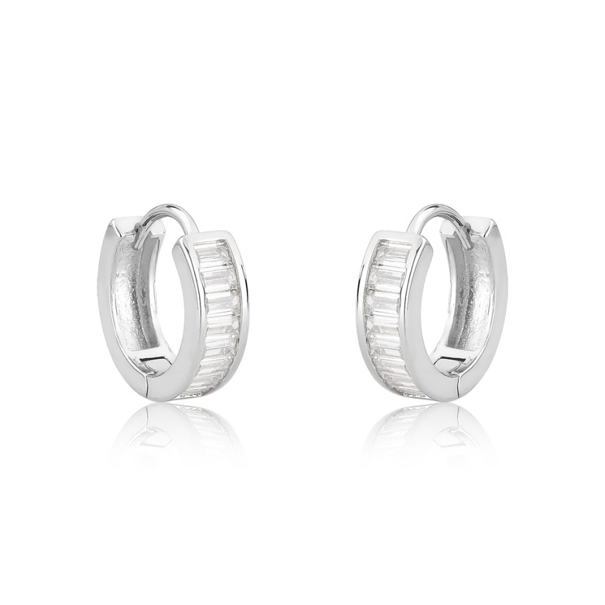 Argola Prata Leve Click Uma Fileira Cravejada Zircônia Baguete (1x8) 14mm