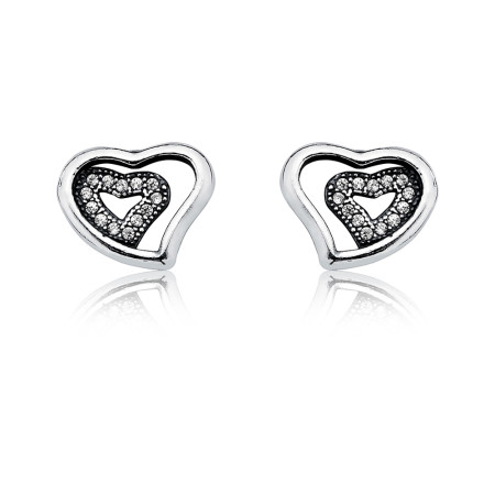 Brinco Prata Fixo Dois Corações Liso / Cravejado Envelhecido 