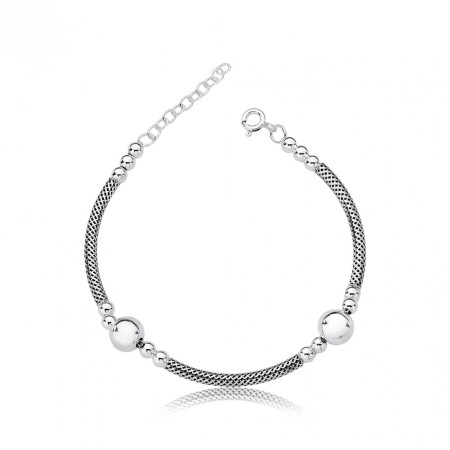 Pulseira Prata Canutilhos Rígidos Envelhecidos e Esferas P e M Lisas