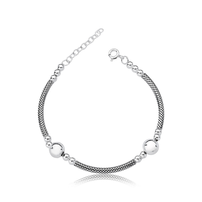 Pulseira Prata Canutilhos Rígidos Envelhecidos e Esferas P e M Lisas