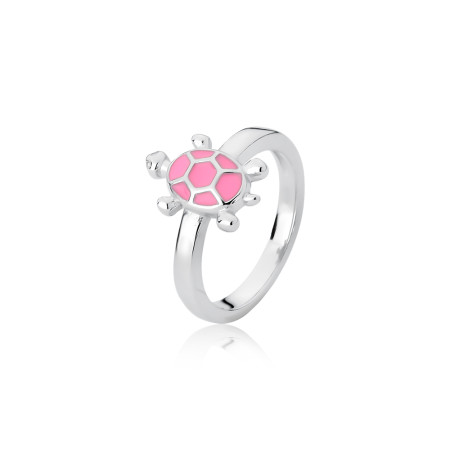 Anel Prata c/ Ródio Infantil Tartaruga Resina Rosa 