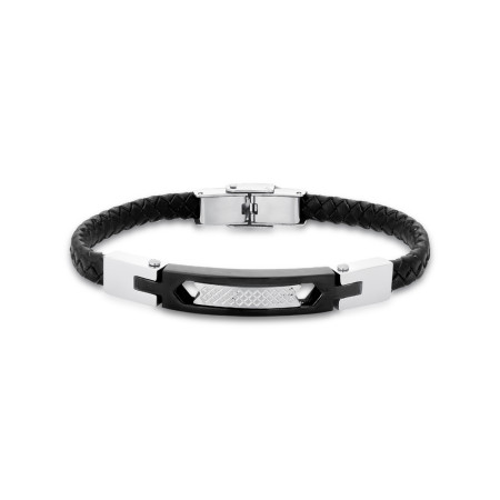 Pulseira Aço Rosso Preta Couro Traçado e Placa Vazada 20cm