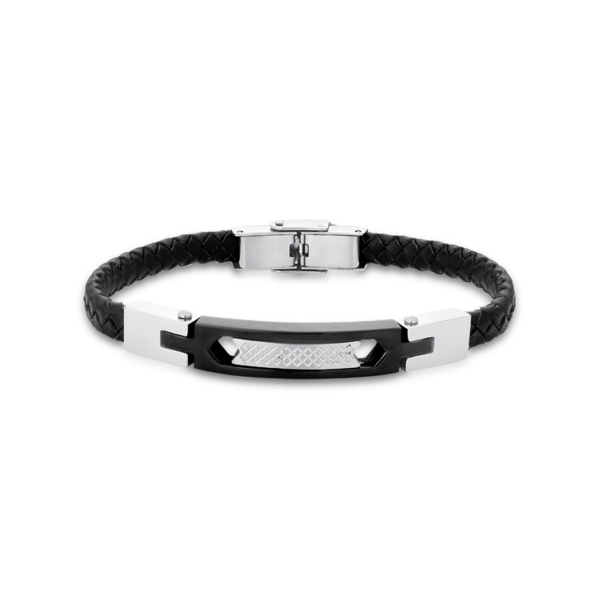 Pulseira Aço Rosso Preta Couro Traçado e Placa Vazada 20cm   