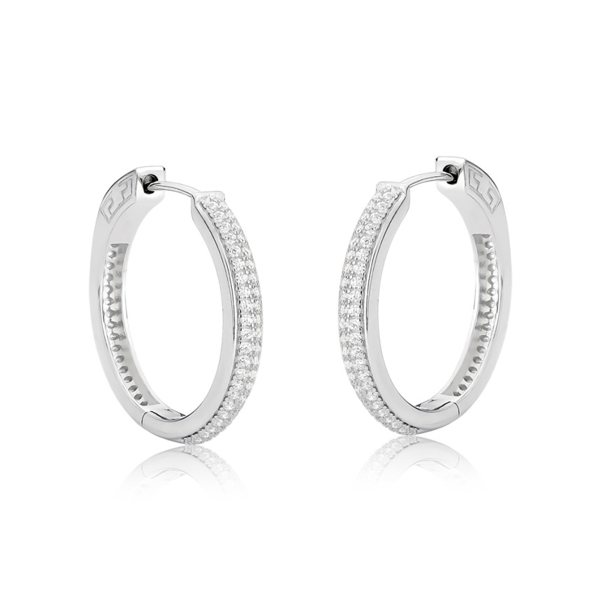 Argola Prata c/ Ródio Click Botão Duas Fileiras Cravejadas 25mm 