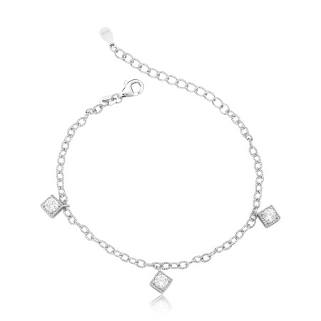 Pulseira Prata c/ Ródio 3 Pingentes Ponto Luz Borda Quadrada 