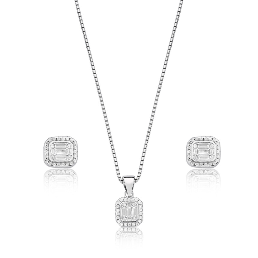 Conjunto Prata c/ Ródio Quadrado Zircônia Baguete Borda Cravejada 