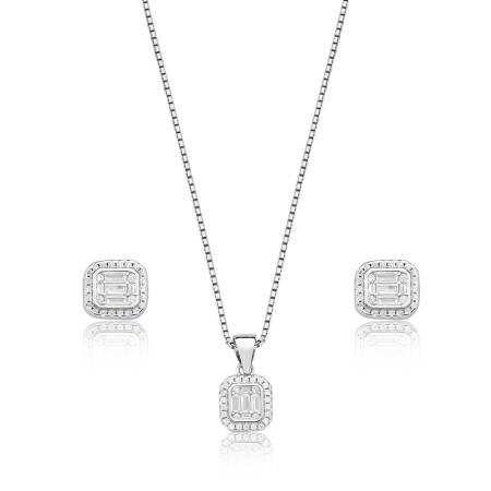 Conjunto Prata c/ Ródio Quadrado Zircônia Baguete Borda Cravejada 