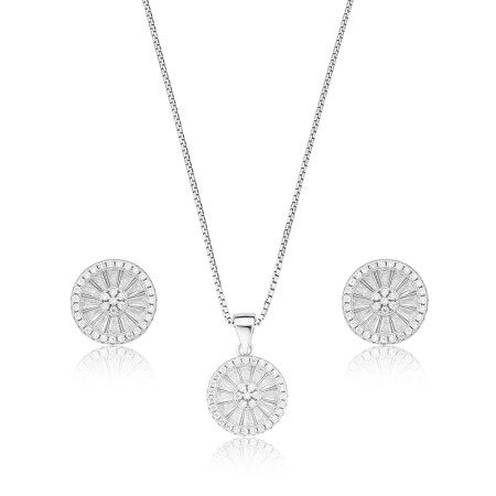 Conjunto Prata c/ Ródio "Pizza" Zircônia Baguete Borda Cravejada