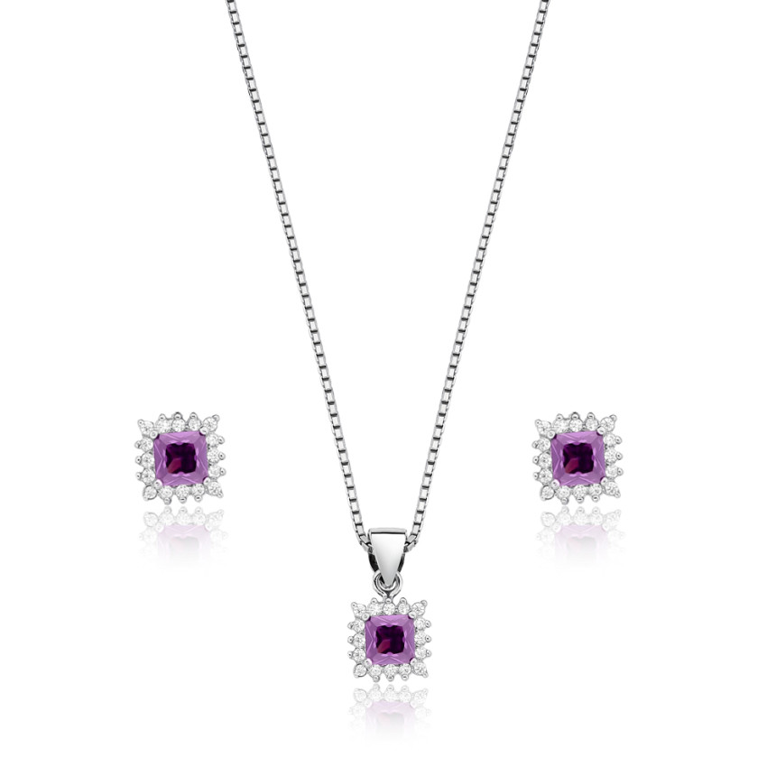 Conjunto Prata c/ Ródio Quadrado Zircônia Ametista Borda Cravejada
