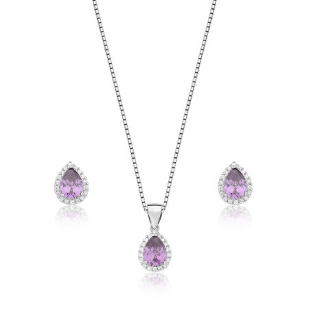 Conjunto Prata c/ Ródio Gota Zircônia Ametista Borda Cravejada