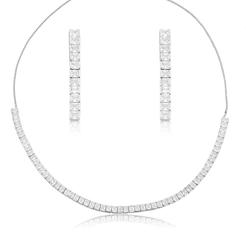 Conjunto Prata c/ Ródio Riviera Quadrado 