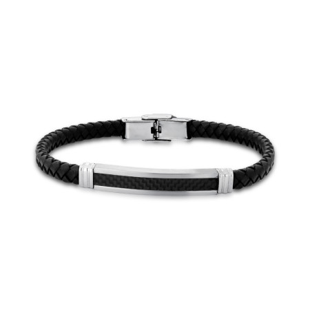 Pulseira Aço Rosso Preta Couro Traçado e Placa Trabalhado Black 21cm    