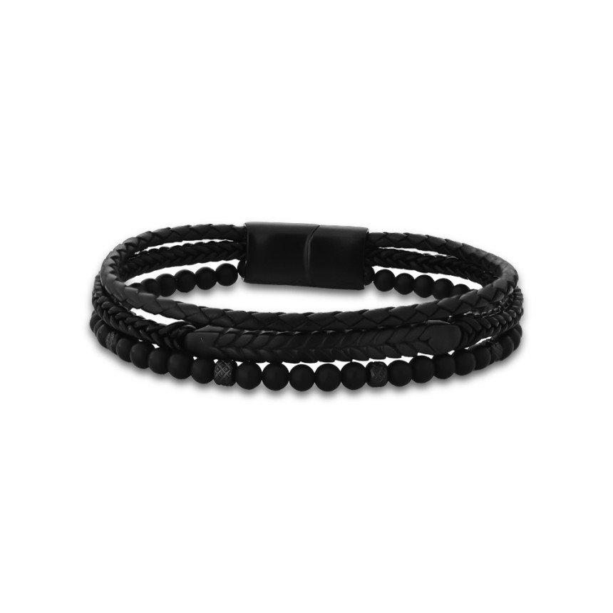 Pulseira Aço Rosso Preta 3 Fios c/ Couro Trançado / c/ Placa e Shambala 20cm 