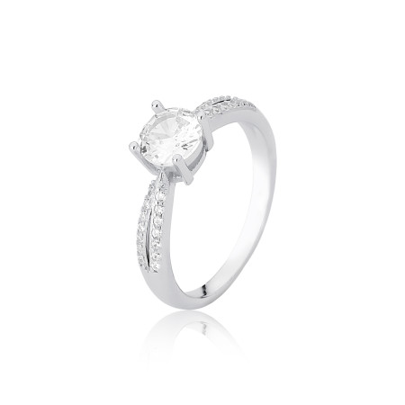 Anel Prata c/ Ródio Solitário 6mm Lateral Cravejada Dois Fios