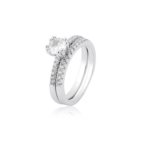 Anel Prata c/ Ródio Matrimônio Solitário 5mm e  Aparador Cravejado