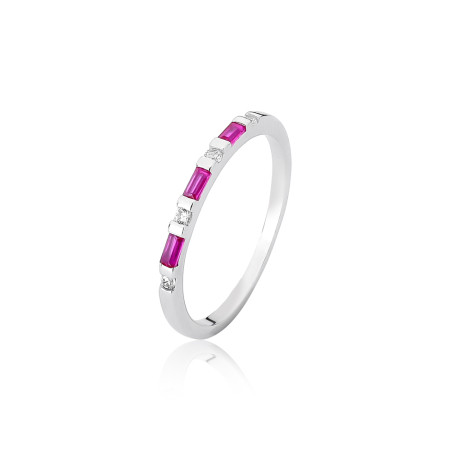 Anel Prata c/ Ródio Aparador Zircônia Rubi Baguete