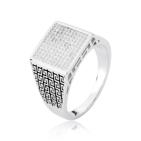 Anel Prata c/ Ródio Masculino Quadrado Cravejado