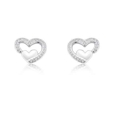 Brinco Prata c/ Ródio Coração Vazado Cravejado e Liso