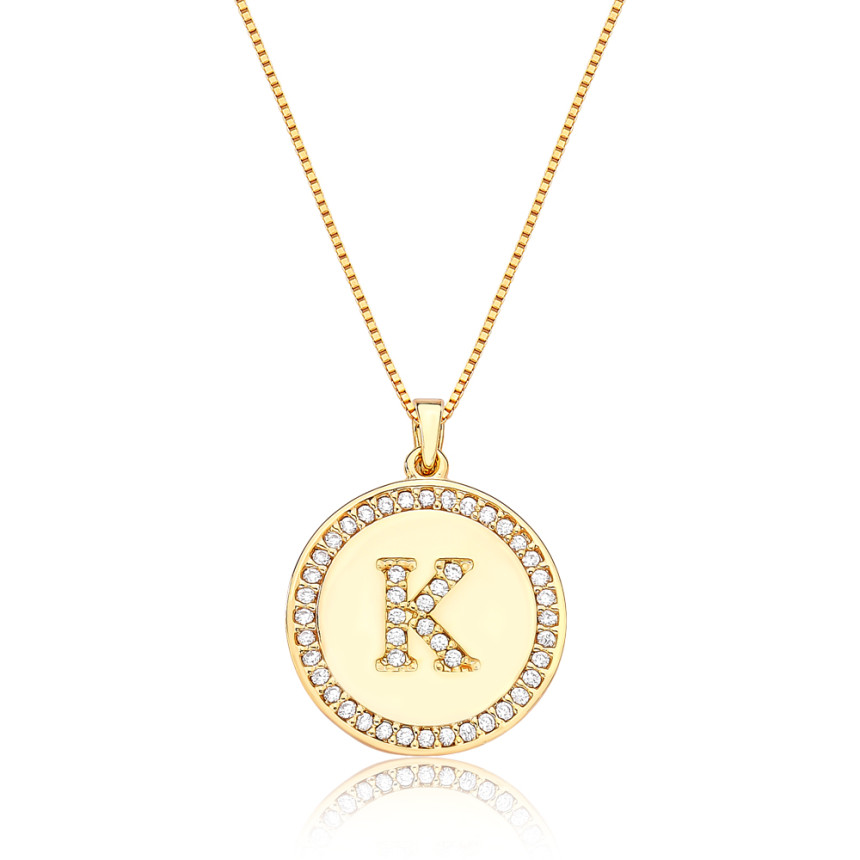 Gargantilha Veneziana c/ Medalha Letra "K" Cravejada Folheada a Ouro 18k 