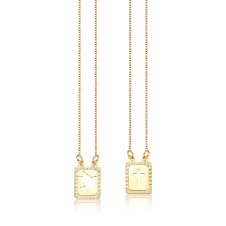 Escapulário Medalhas Vazadas Espírito Santo e Cruz 60cm Folheado a Ouro 18k 