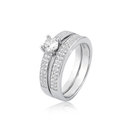 Anel Prata c/ Ródio Matrimônio Solitário 5mm e  Aparador Cravejado