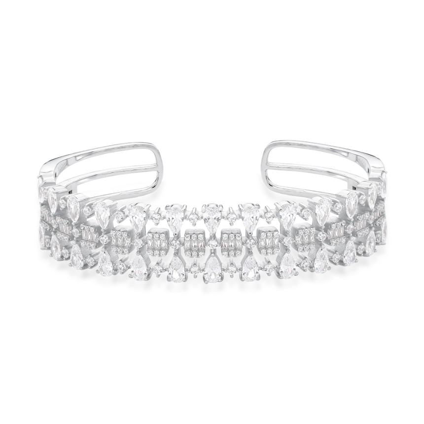 Bracelete Prata c/ Ródio Largo 3 Fileiras Zircônias Geométricas  
