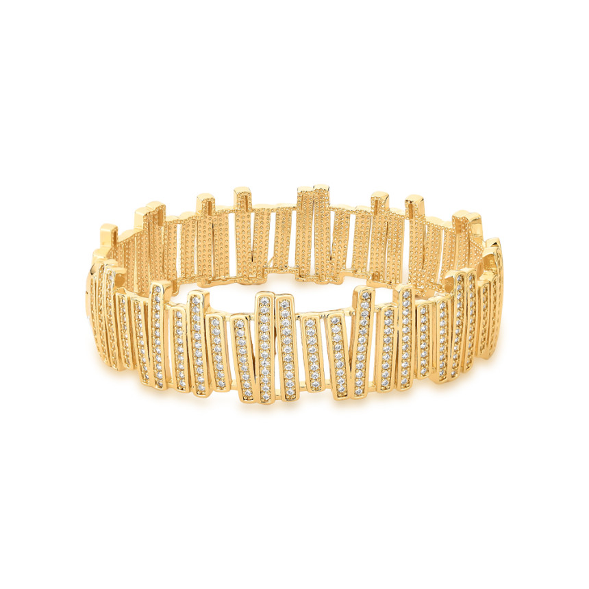 Bracelete Fecho Click Fios Assimétricos Cravejados Folheado a Ouro 18k 