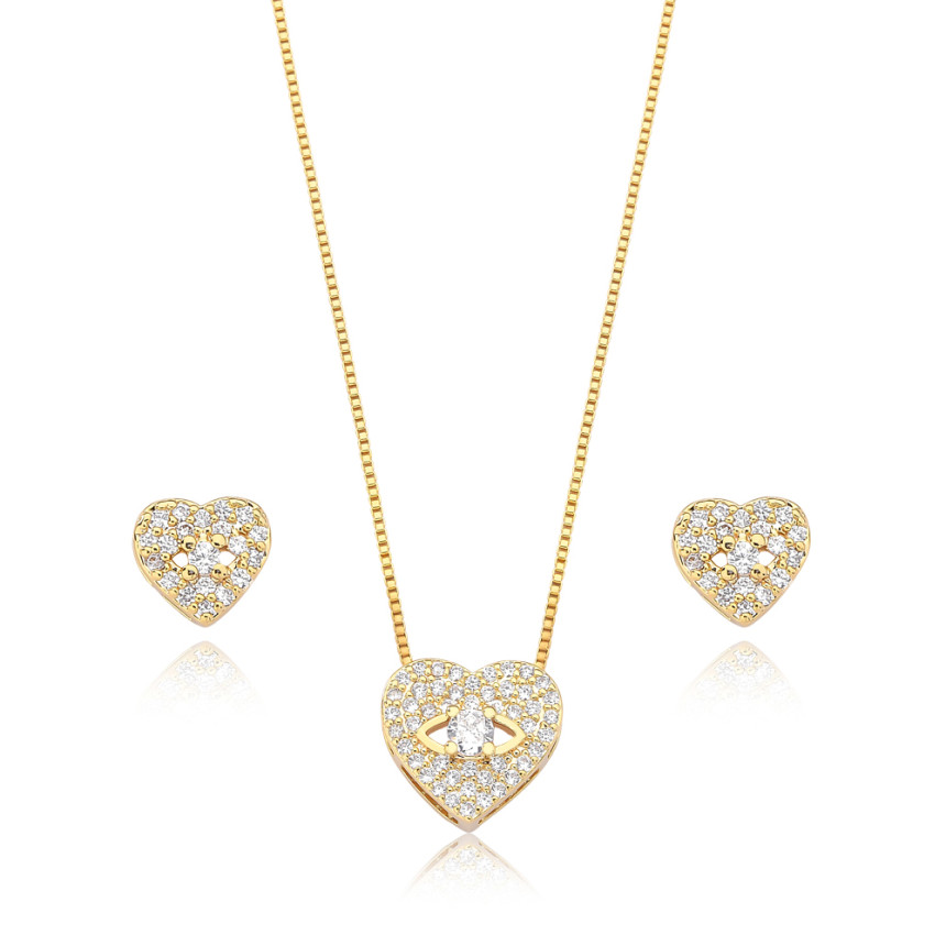 Conjunto Coração Olho Vazado Cravejado c/ Zircônias Folheado a Ouro 18k  