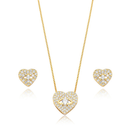 Conjunto Coração Olho Vazado Cravejado c/ Zircônias Folheado a Ouro 18k  