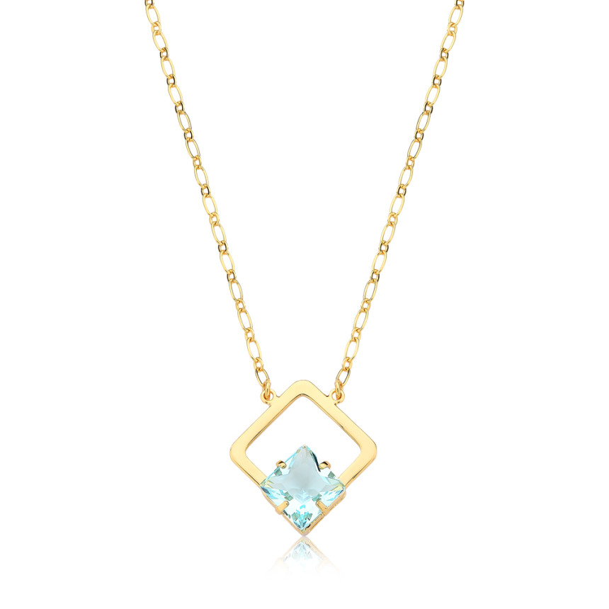 Gargantilha Pingente Quadrado Liso c/ Zircônia Acqua Folheada a Ouro 18k