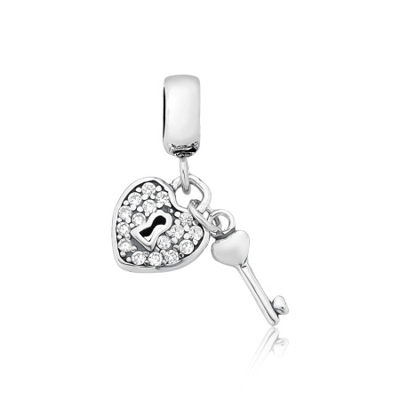 Berloque Prata c/ Ródio You Argola Coração Cravejado Fechadura e Chave 