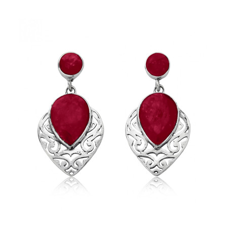 Brinco Prata Pedra Natural Rubi Redonda C/ Rubi Gota Borda Vazada