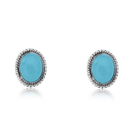 Brinco Prata Fixo Pedra Natural Calcedônia Azul Oval Borda Trabalhada Envelhecida